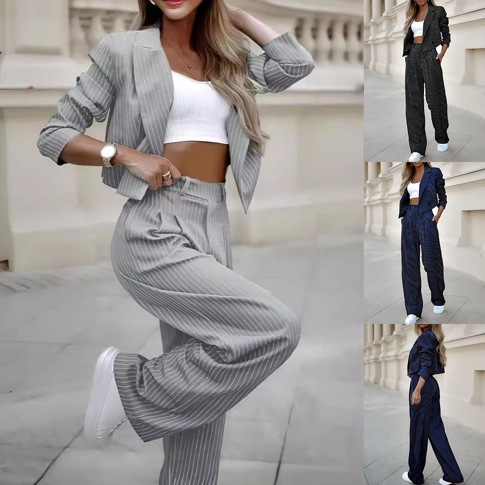 Women's Striped Two-Piece Suit - Cropped Blazer & Straight Pants Set