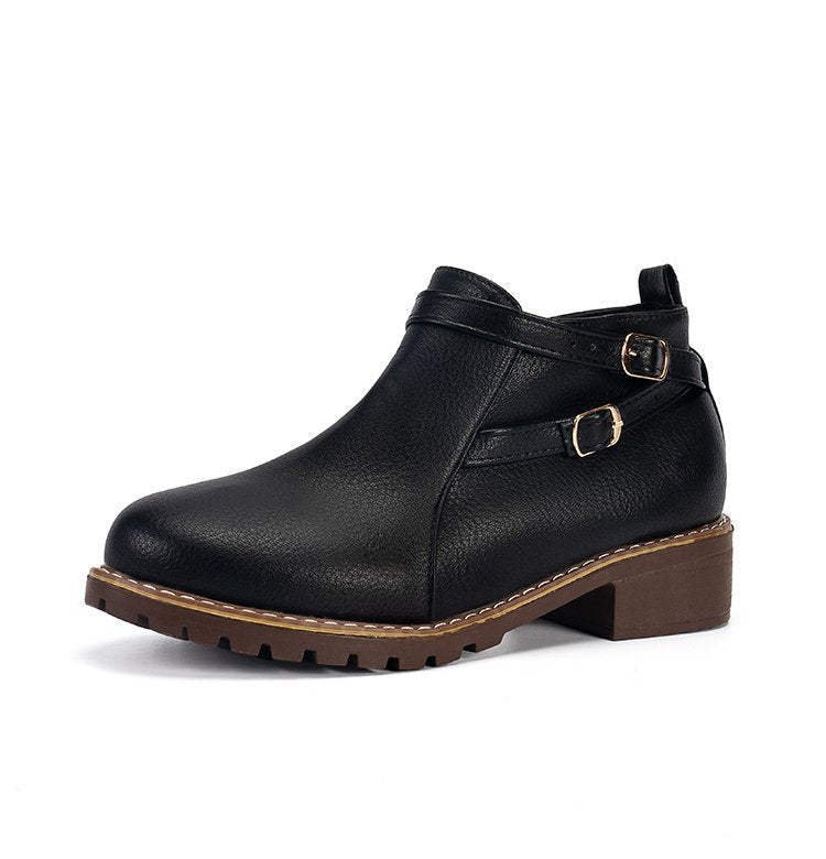 Bottines à Boucle en Cuir à Talons Plats et Bout Rond