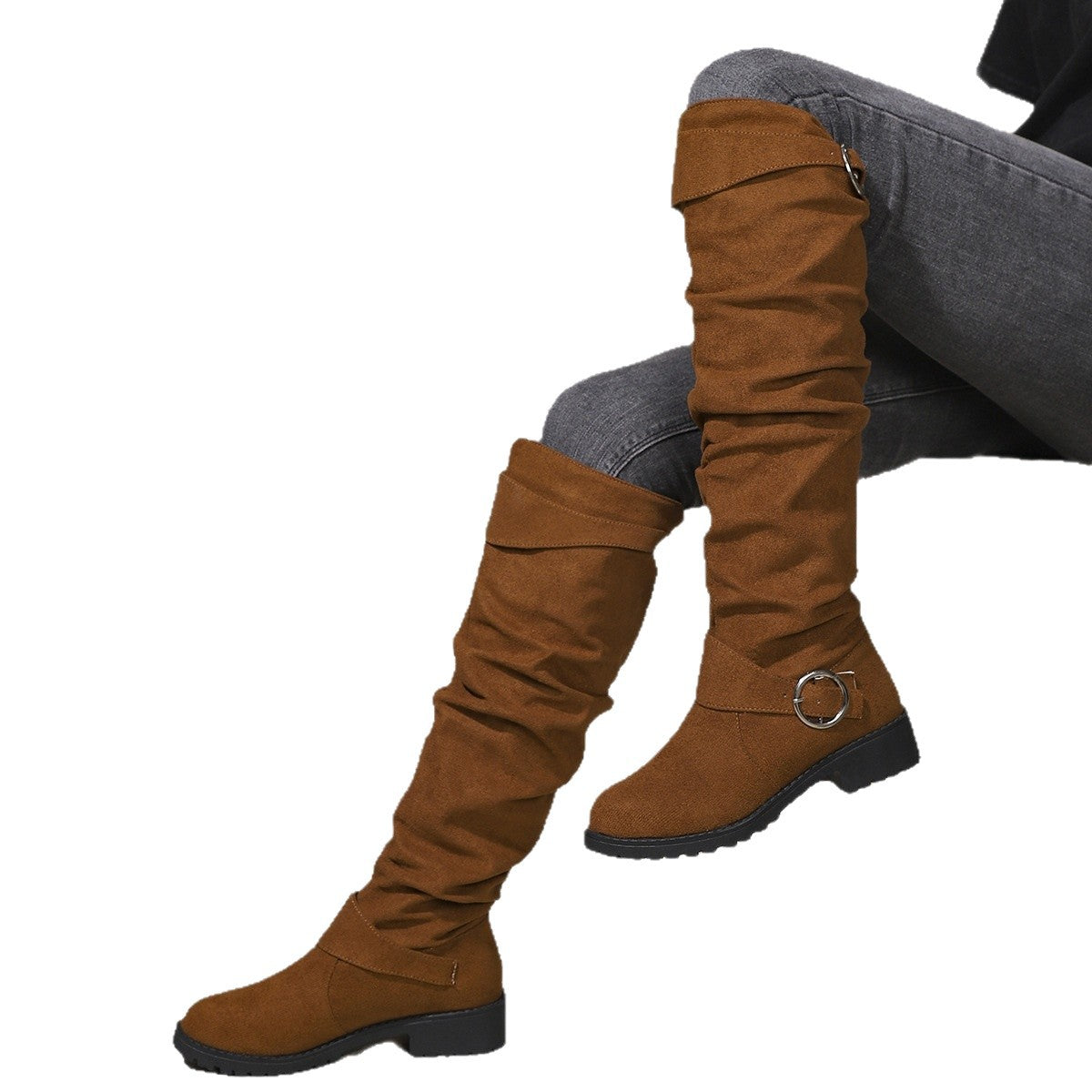 Bottes d'hiver plissées montantes à boucle et à la mode