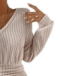 Women's V-Neck Pleated Mini Dress - Long Sleeve