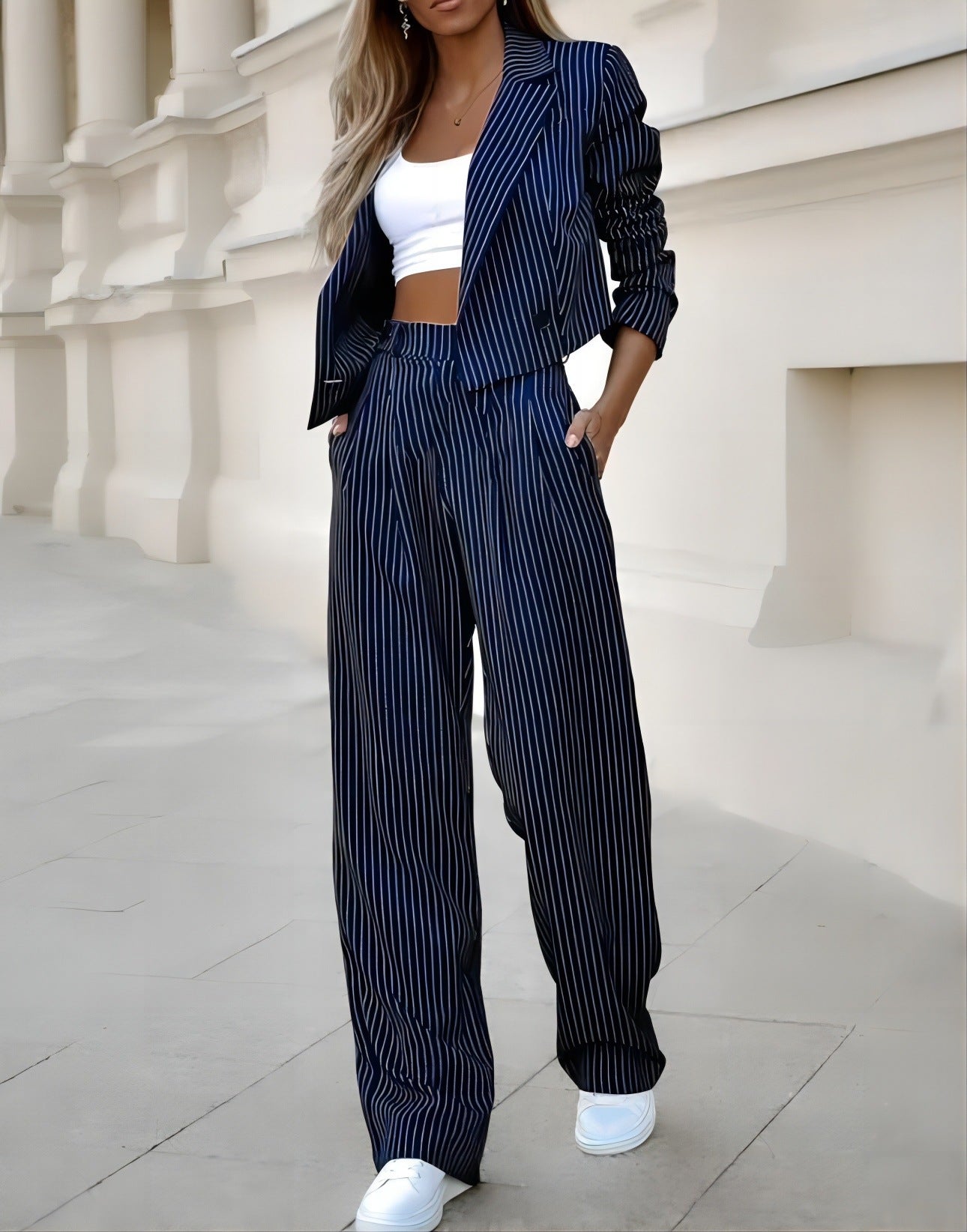 Women's Striped Two-Piece Suit - Cropped Blazer & Straight Pants Set