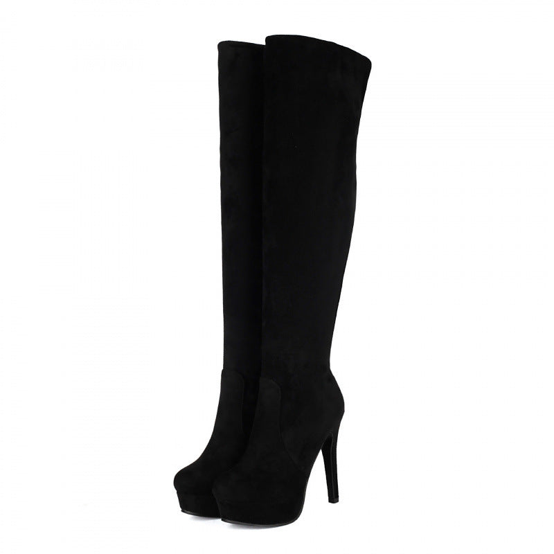 Bottes hautes à talons compensés en daim élastique pliables