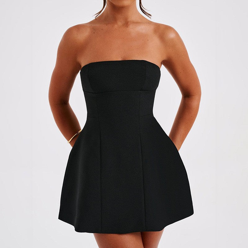 Women Mini Dress, Strapless Backless Solid Slim Fit A-line Black Dress