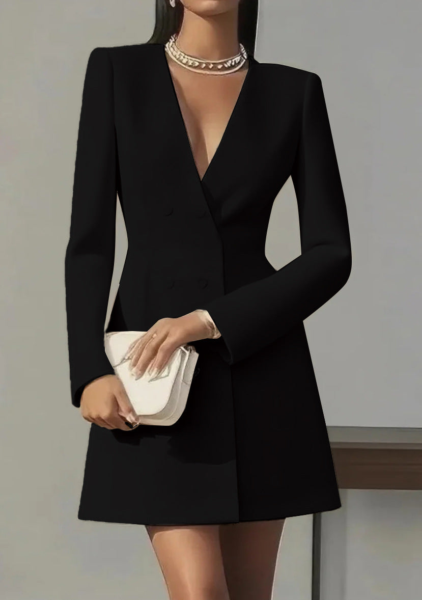 Women Solid-color V-neck Suit-style French Dress