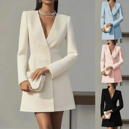 Women Solid-color V-neck Suit-style French Dress