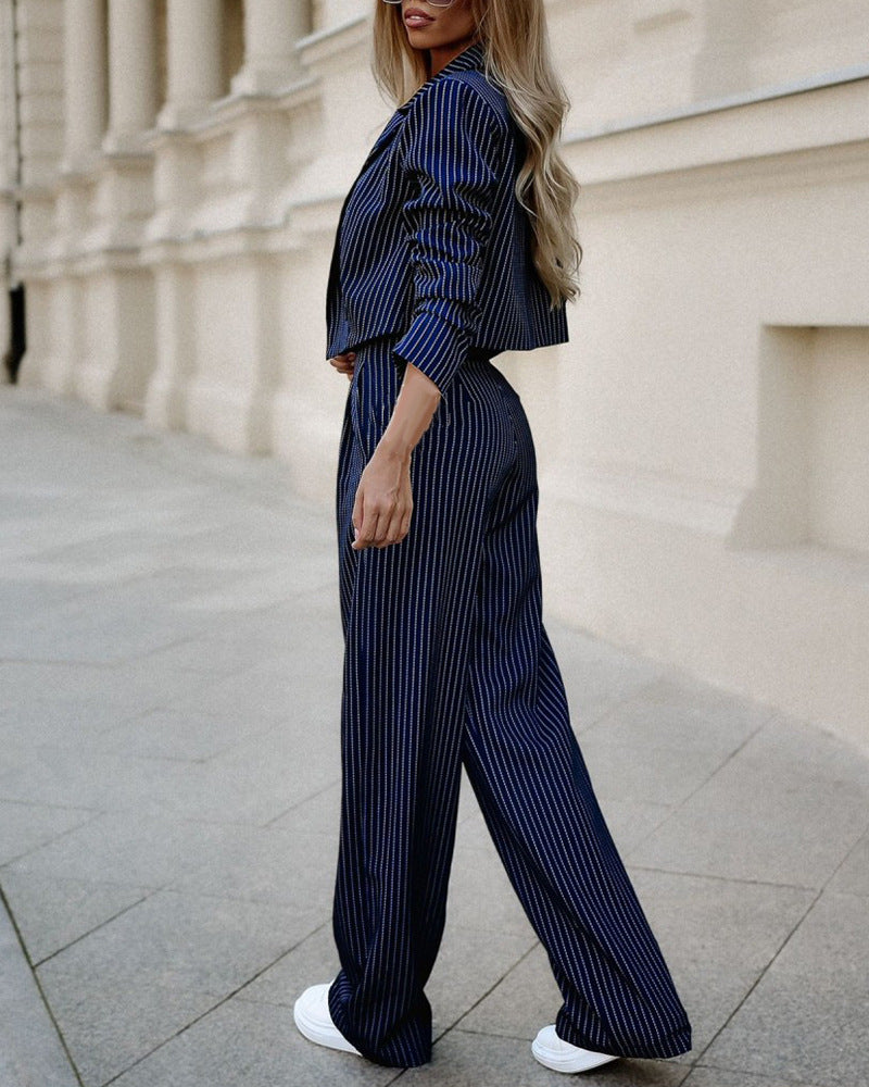 Women's Striped Two-Piece Suit - Cropped Blazer & Straight Pants Set