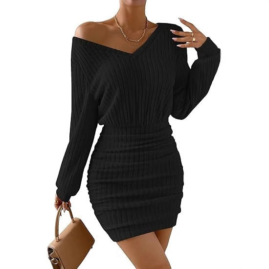 Women's V-Neck Pleated Mini Dress - Long Sleeve