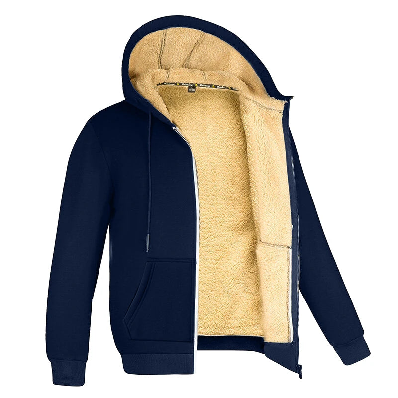 Men Winter Coats Thick Warm  Long Sleeve Zipper Hoodie Casual Fleece Black Jacket