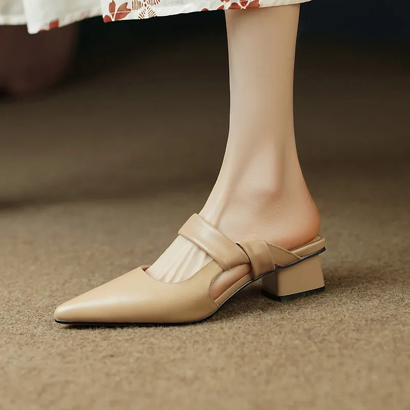 Women Genuine Leather Pointed Toe Thick Heels Sandals