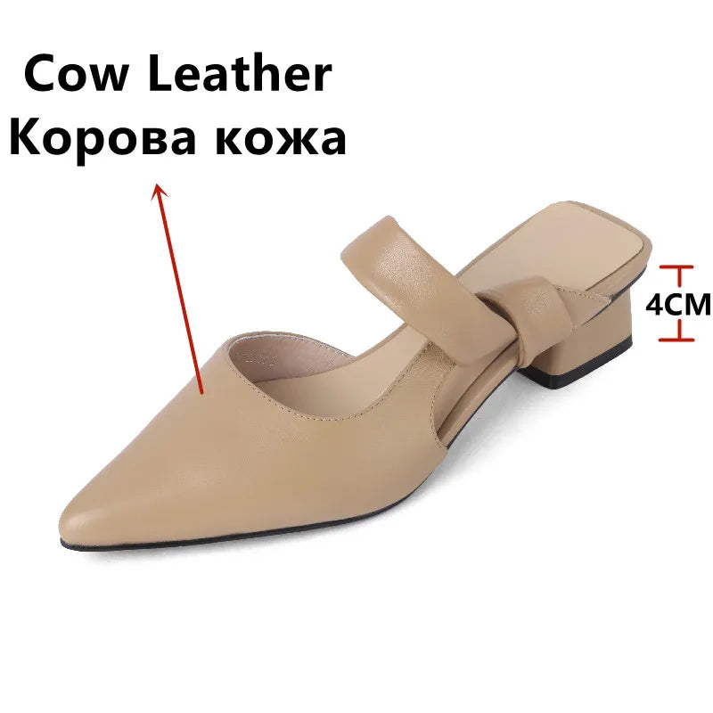 Women Genuine Leather Pointed Toe Thick Heels Sandals