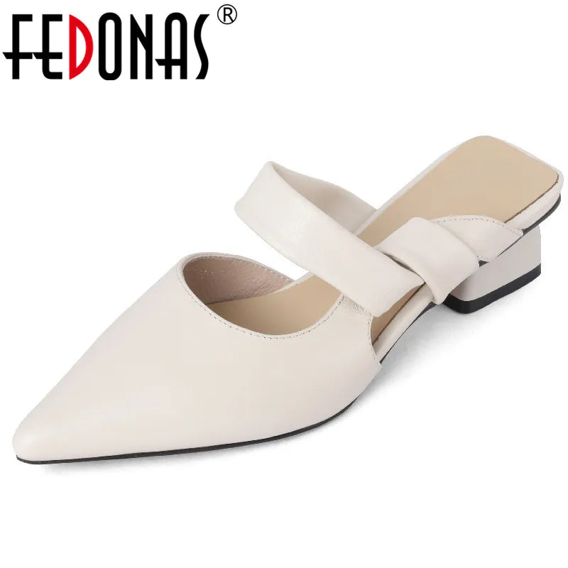 Women Genuine Leather Pointed Toe Thick Heels Sandals