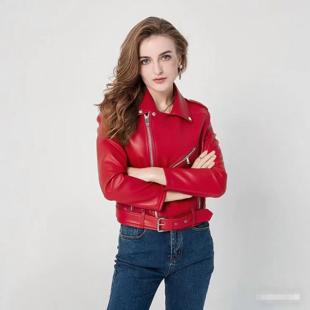 Women's Fashion  Zipper Slim Fit Washed Motorcycle Jacket