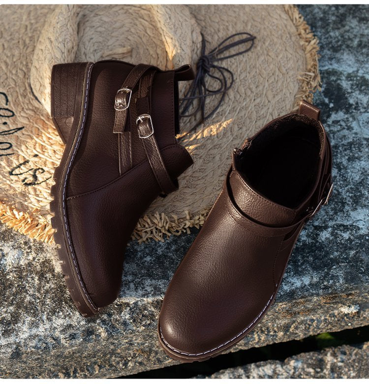 Bottines à Boucle en Cuir à Talons Plats et Bout Rond