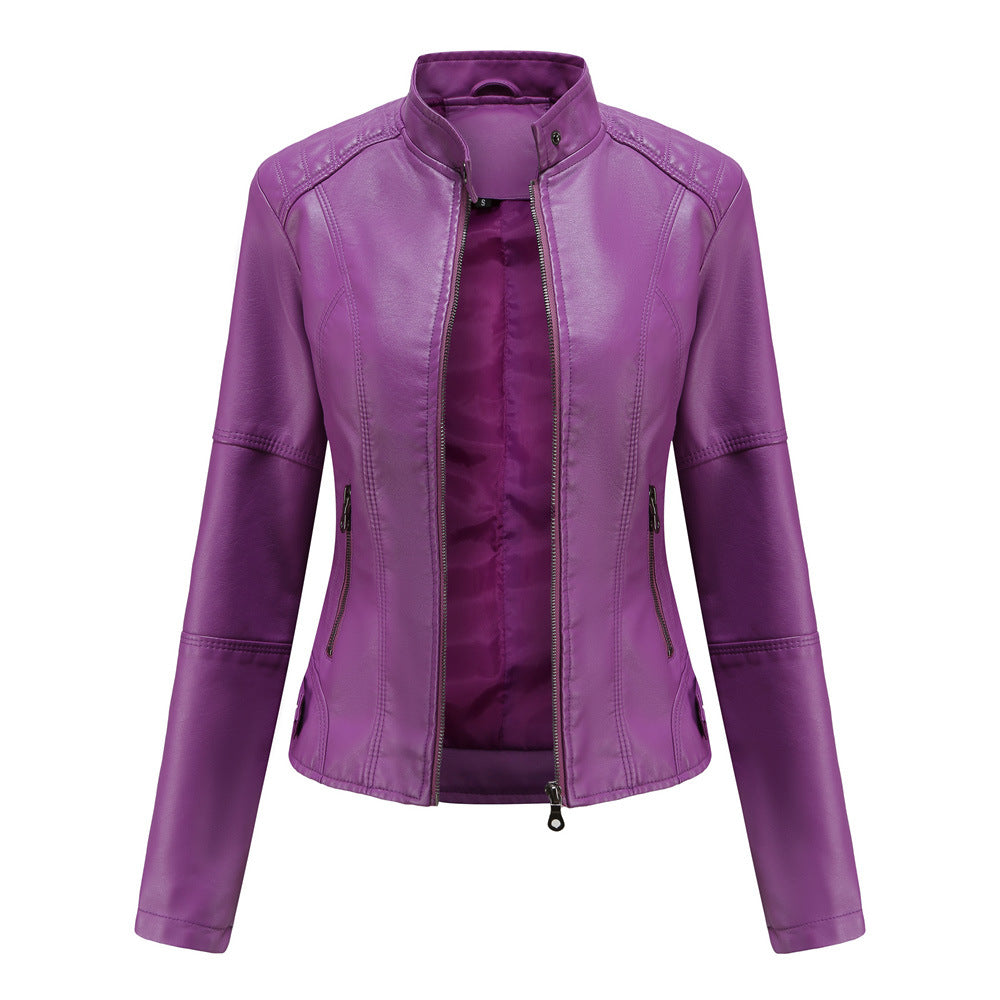 Women's Zip-Up Leather Jacket - Stand Collar with Pockets