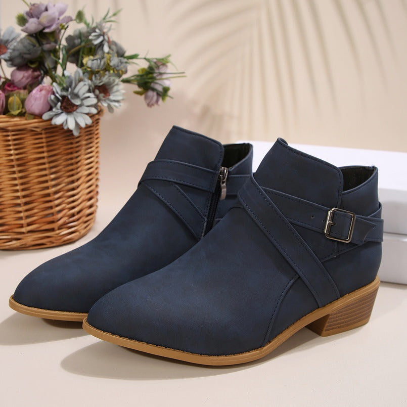 Bottines en cuir à talon épais avec boucle de ceinture et fermeture éclair latérale pour femme
