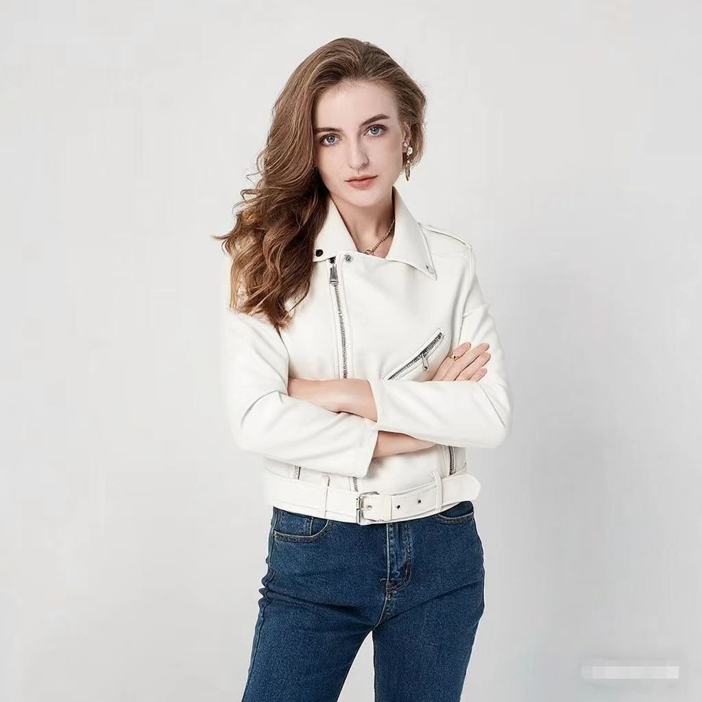 Women's Fashion  Zipper Slim Fit Washed Motorcycle Jacket