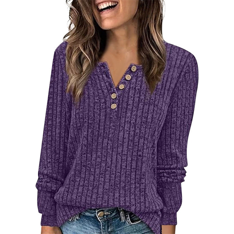 New Women's Round Neck Sunken Stripe Brushed Solid Color Button Stitching Solid Color T-shirt