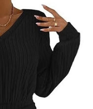 Women's V-Neck Pleated Mini Dress - Long Sleeve
