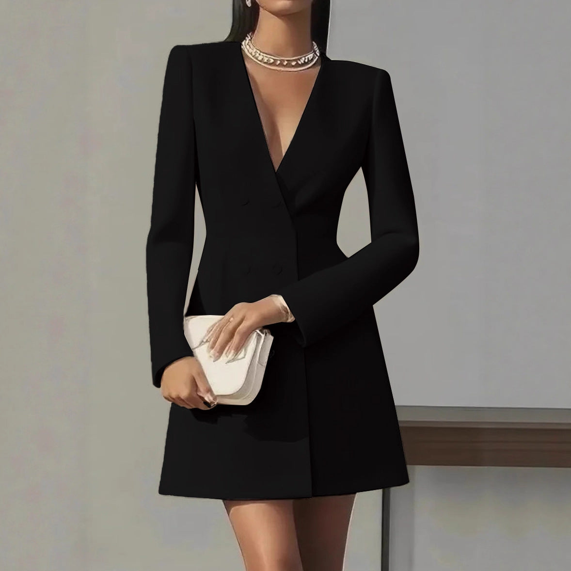 Women Solid-color V-neck Suit-style French Dress