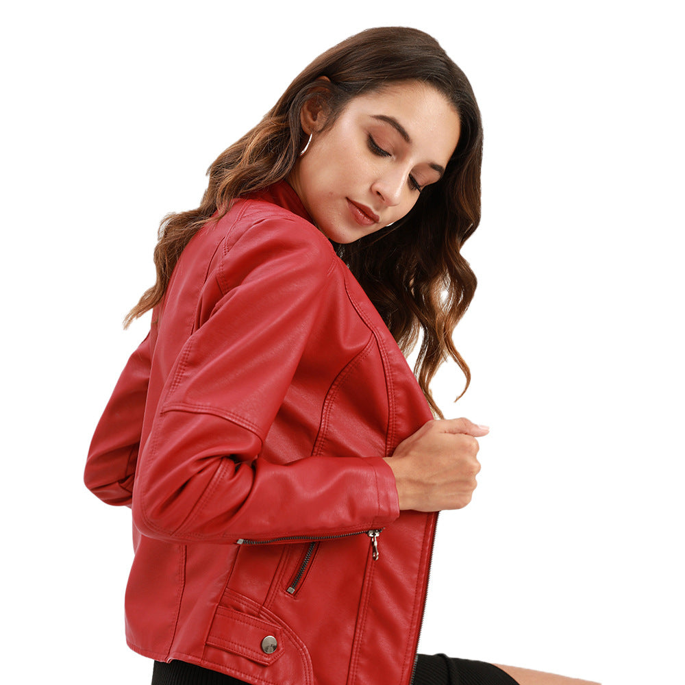 Women's Zip-Up Leather Jacket - Stand Collar with Pockets