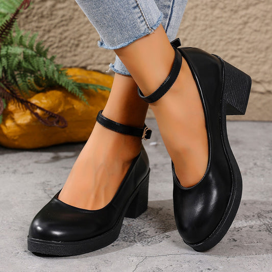 Women's Round-Toe Low-Cut Chunky Heel Shoes - Comfortable Block Heel Design