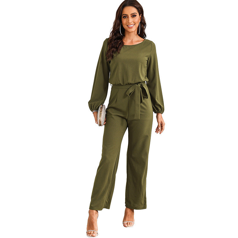 Women's Tailored Long Sleeve Lace-Up Pullover Jumpsuit