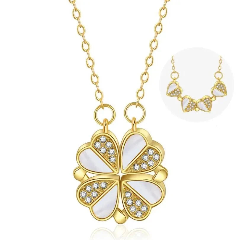 Four Leaf Clover Heart Necklace - Stainless Steel Crystal Pendant