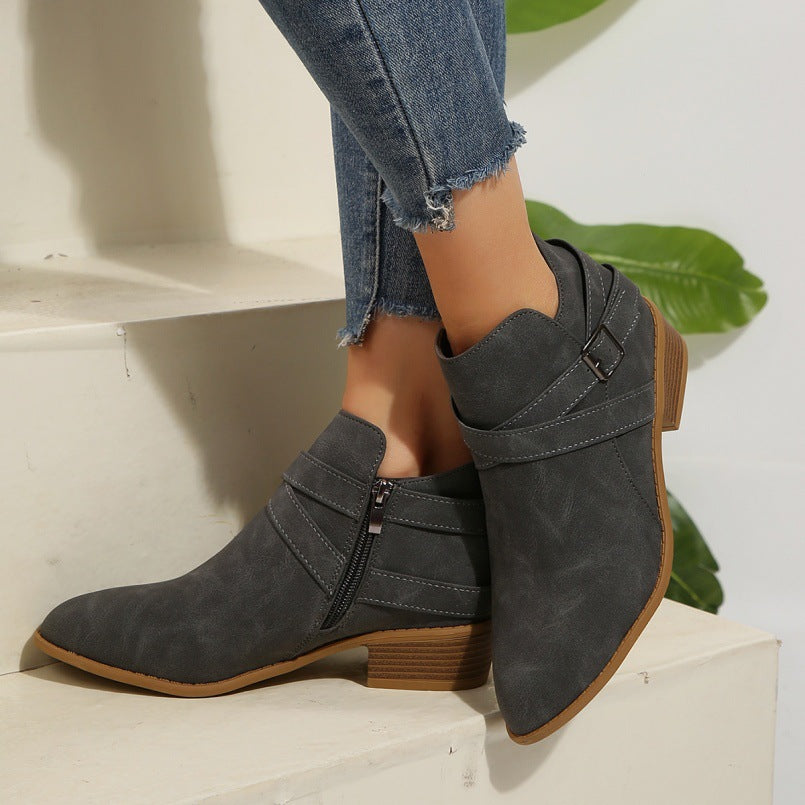 Bottines en cuir à talon épais avec boucle de ceinture et fermeture éclair latérale pour femme