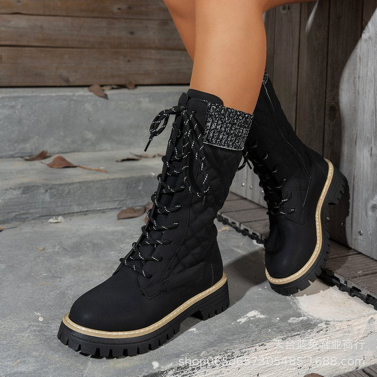 Bottes Martin à lacets et talon épais assorties pour femmes