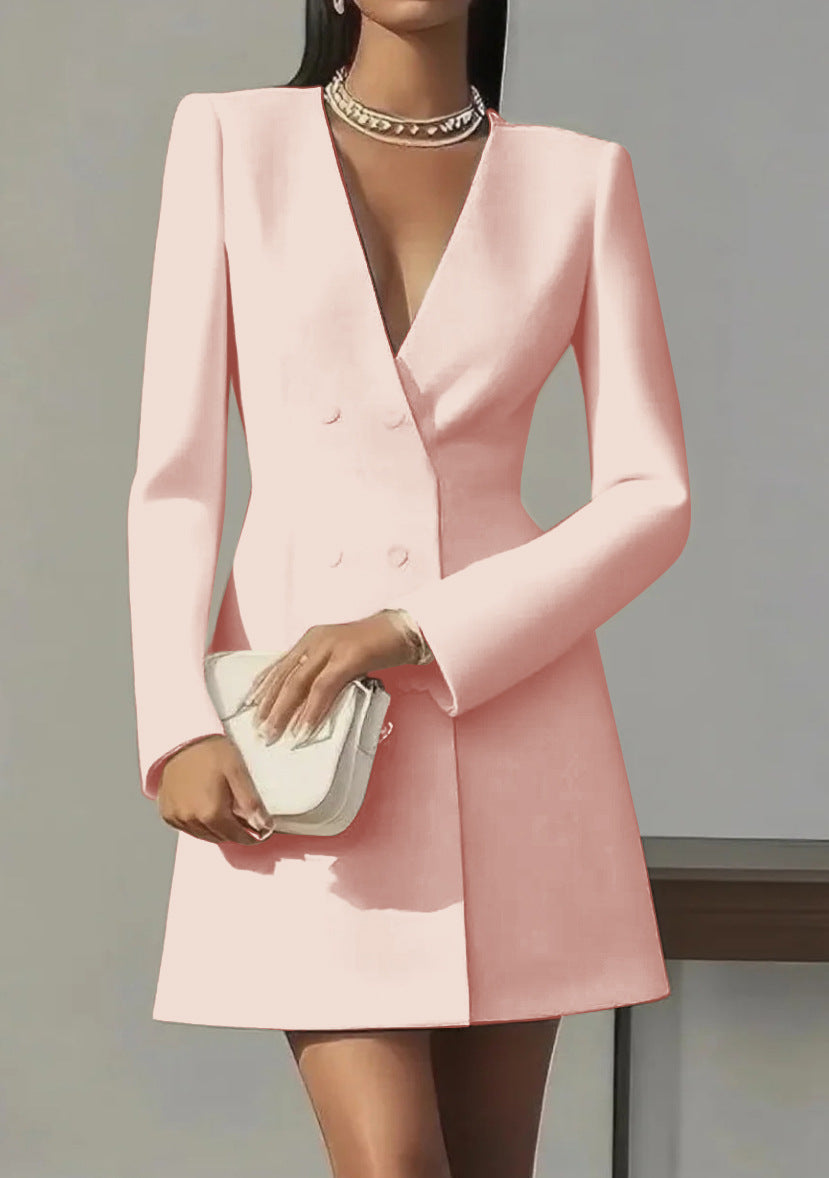 Women Solid-color V-neck Suit-style French Dress