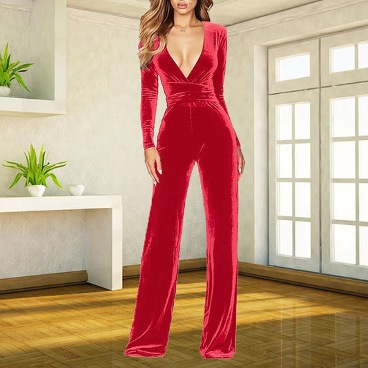 Velvet Long Sleeve Wide-Leg Jumpsuit for Women