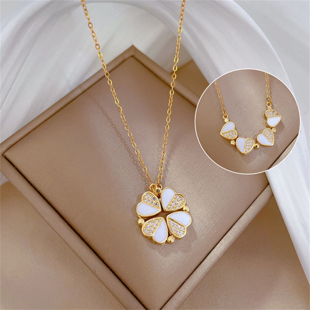 Four Leaf Clover Heart Necklace - Stainless Steel Crystal Pendant