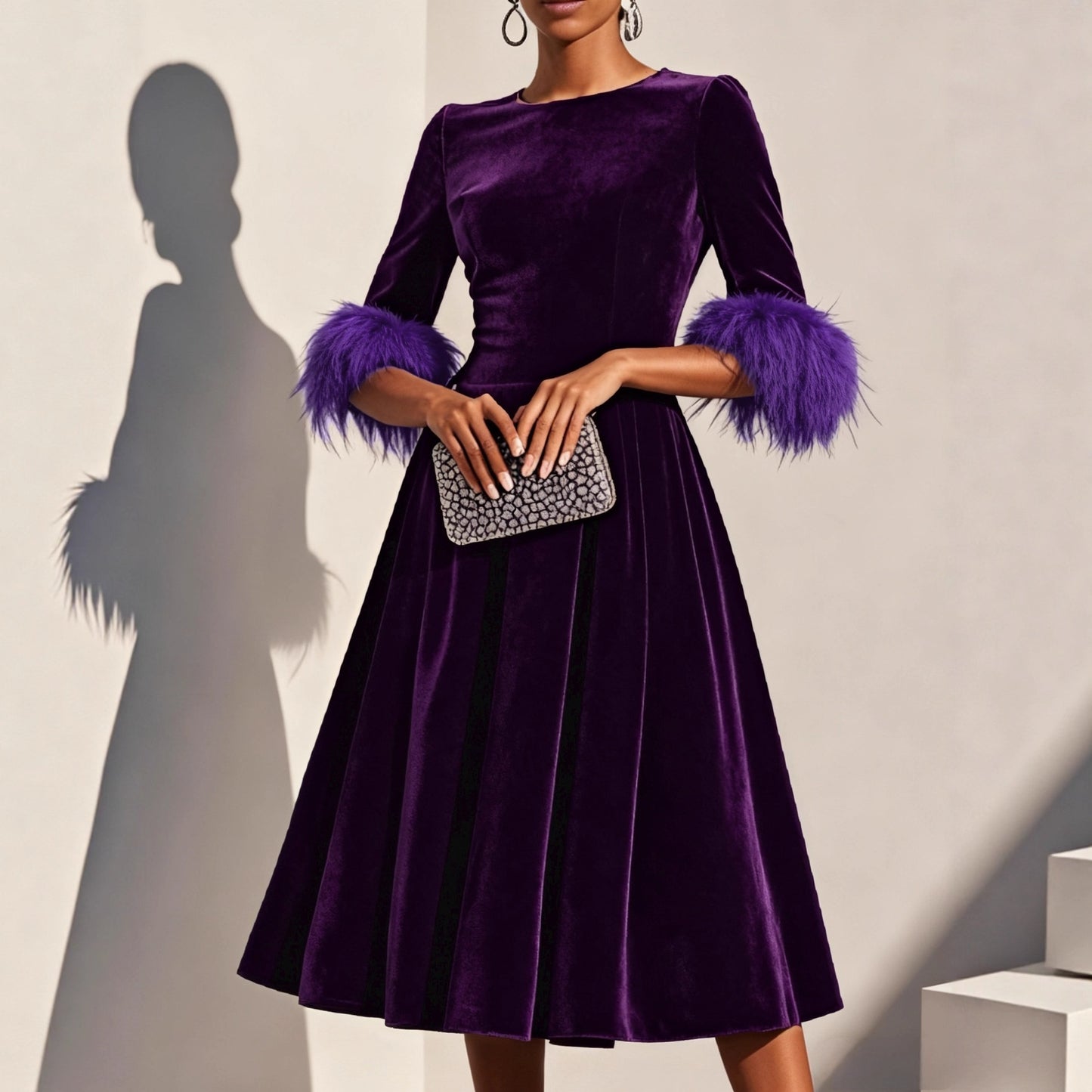 Elegant AutumnWinter Round-Neck Velvet Dress For Women