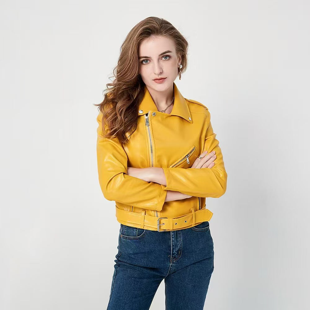 Women's Fashion  Zipper Slim Fit Washed Motorcycle Jacket