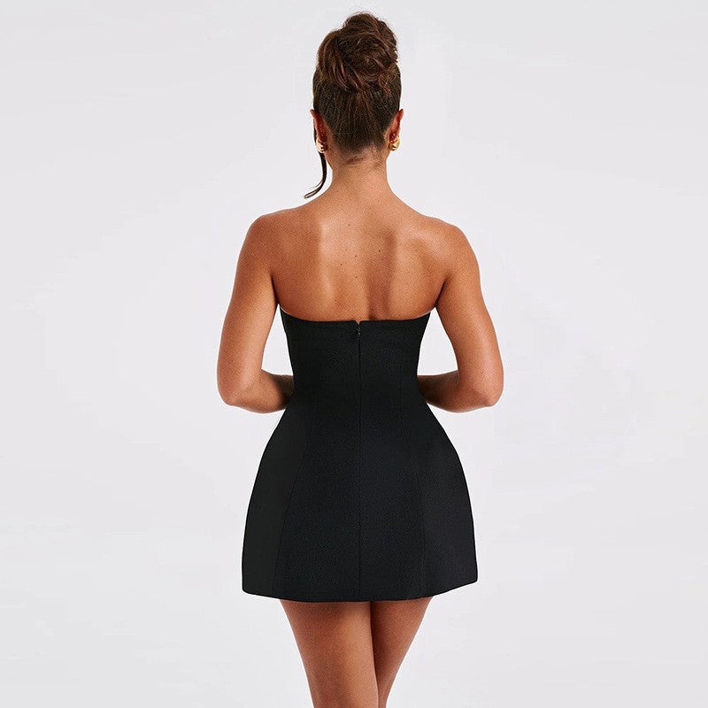 Women Mini Dress, Strapless Backless Solid Slim Fit A-line Black Dress