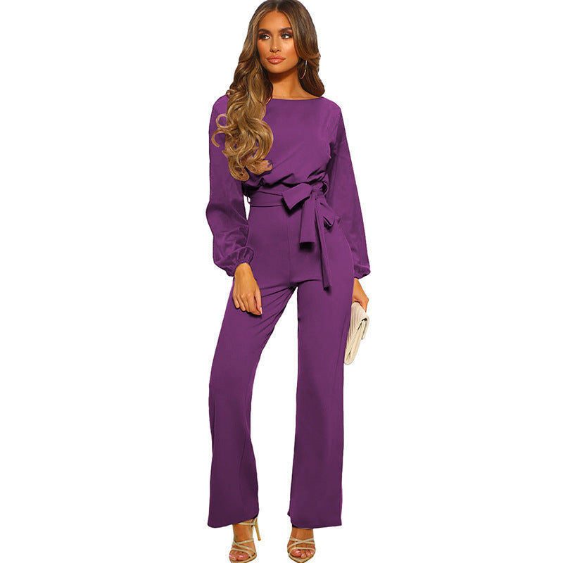 Women's Tailored Long Sleeve Lace-Up Pullover Jumpsuit