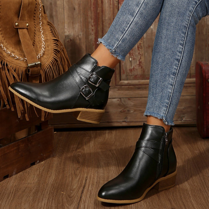 Bottines en cuir à talon épais avec boucle de ceinture et fermeture éclair latérale pour femme