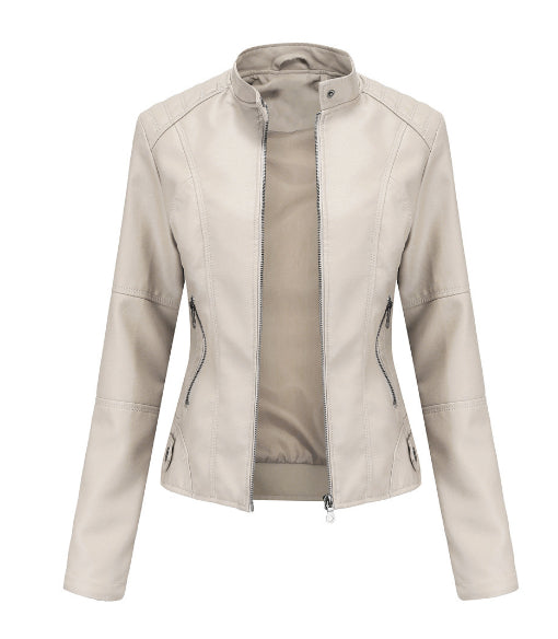 Women's Zip-Up Leather Jacket - Stand Collar with Pockets