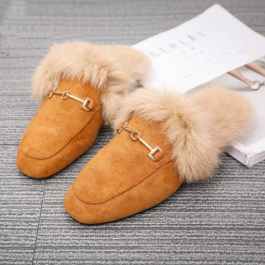 Women's Suede & Velvet Flat-Bottom Slippers - Cozy Fur Lined Comfort Shoes