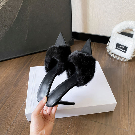 Women's Luxury Plush High-Heel Slippers - Elegant Pointed-Toe Design with Non-Slip Sole