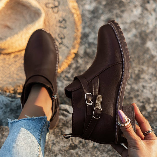 Bottines à Boucle en Cuir à Talons Plats et Bout Rond