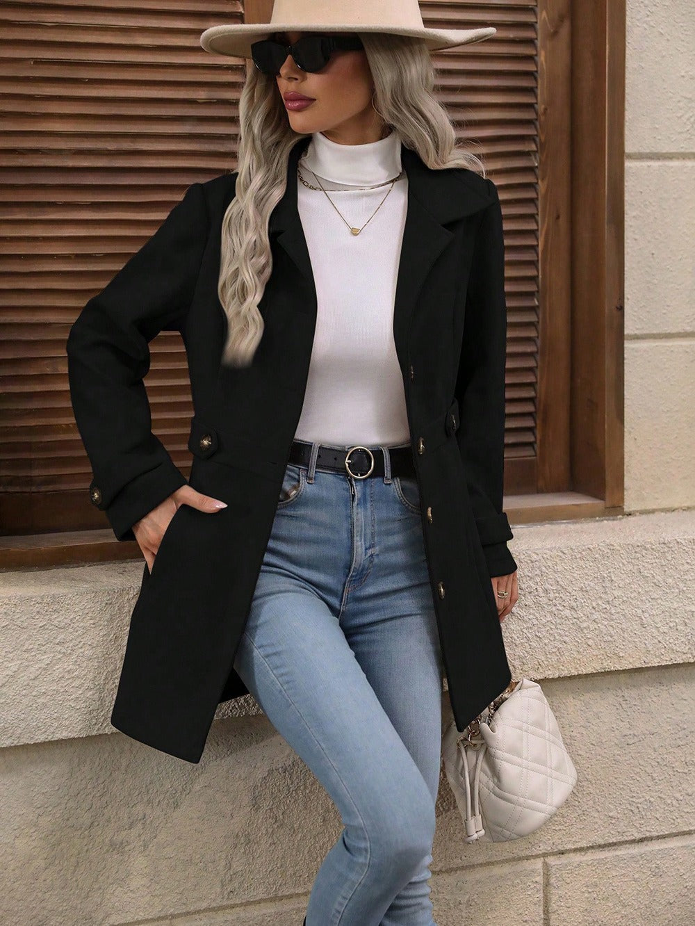 Manteau élégant en laine pour femme, coupe droite