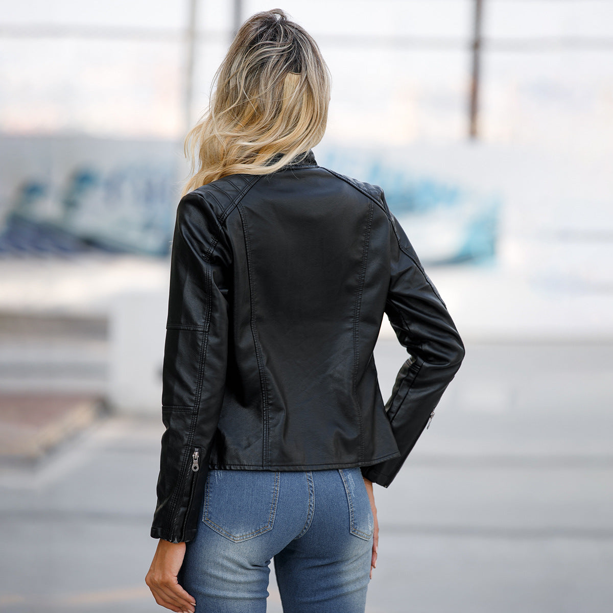 Women's Zip-Up Leather Jacket - Stand Collar with Pockets