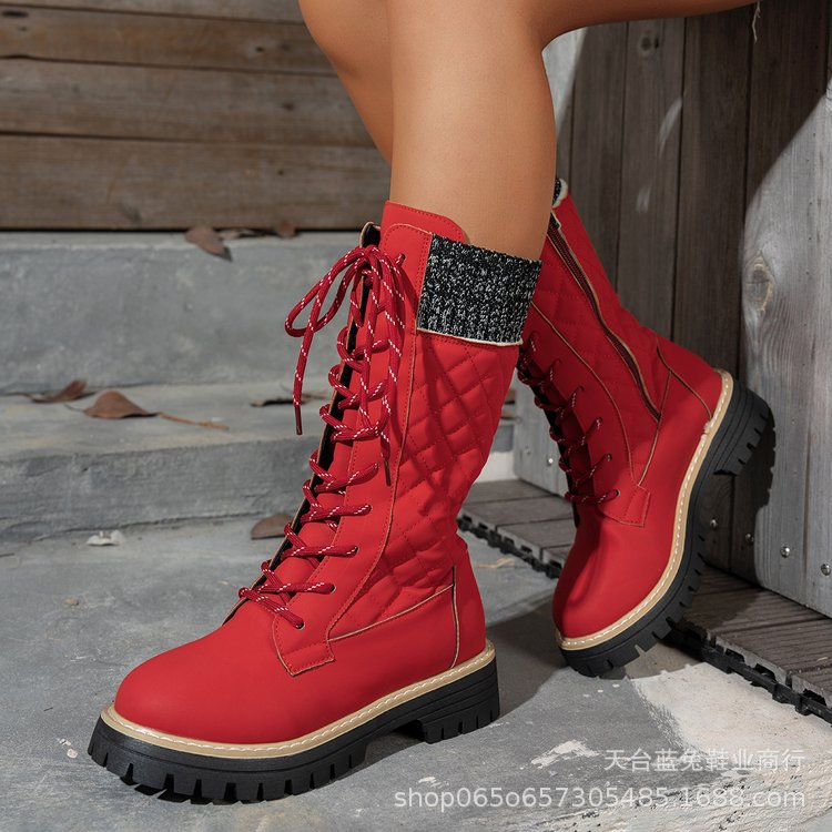 Bottes Martin à lacets et talon épais assorties pour femmes