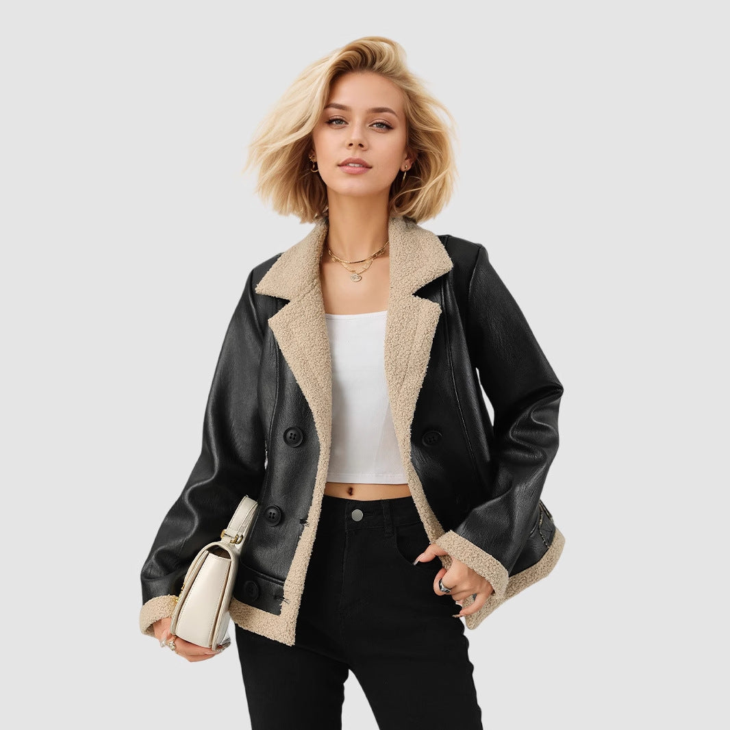 Fleece Padded Women's Leather Coat Black