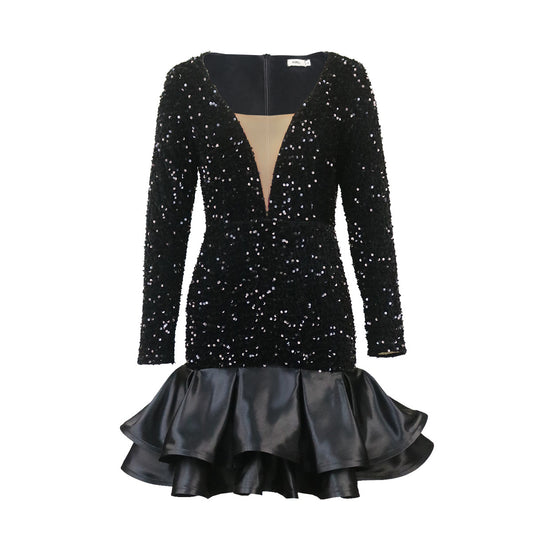 Sequin Deep V-Neck Mini Dress | Black